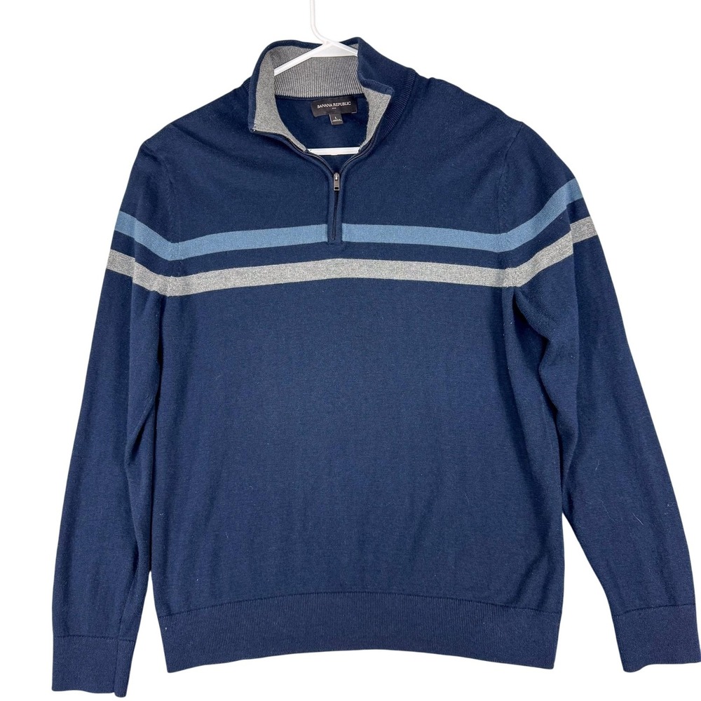 Banana Republic Mens Large Blue‎ Silk Cashmere 1/4 Zip Mock Neck Striped Sweater